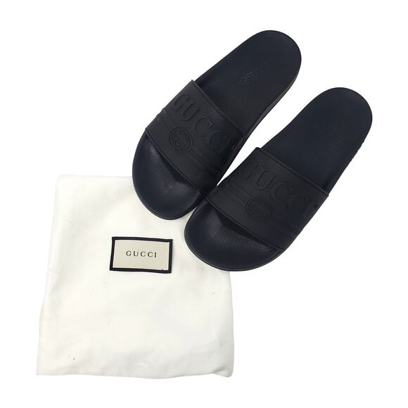 Gucci Logo Slides Rubber Sandals Slip On Black Italy Womens Size 40 US 10 - Picture 1 of 14